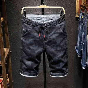 Zomerheren denim camouflage shorts mode slanke fit micro elastisch katoen zwart wassen gescheurde jeans mannelijke kleding x3176 210322
