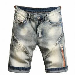 Été Nouveaux hommes Fi Stretch Denim Shorts Rétro High Street Style Old Slim Fit Short Jeans Splicing Design 98% Cott Marque C2fv #