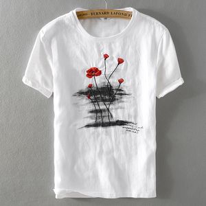 Été Nouvelle Linen hommes T-shirt classique col rond en vrac blanc Casual T Shirt manches courtes hommes broderie T-shirt des hommes Camisa Y200930