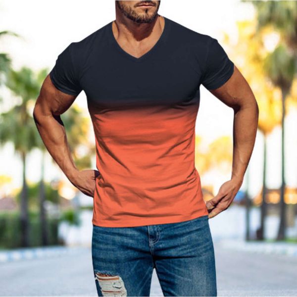 Camiseta corta con cuello en V ajustada y estampado digital degradado para hombre novedad de verano