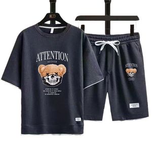 Zomer Nieuwe Heren Trainingspak Linnen Stof Teddy Skelet Beer T-shirt en Shorts Tweedelige Set Mannen Sportpak Mode ademende Sets