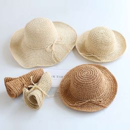 Zomer Nieuw ouder-kind Straw Hat Girl Casual solide opvouwbare grote rand Holiday Hats Baby Boy Beach Fisherman's Cap L2405