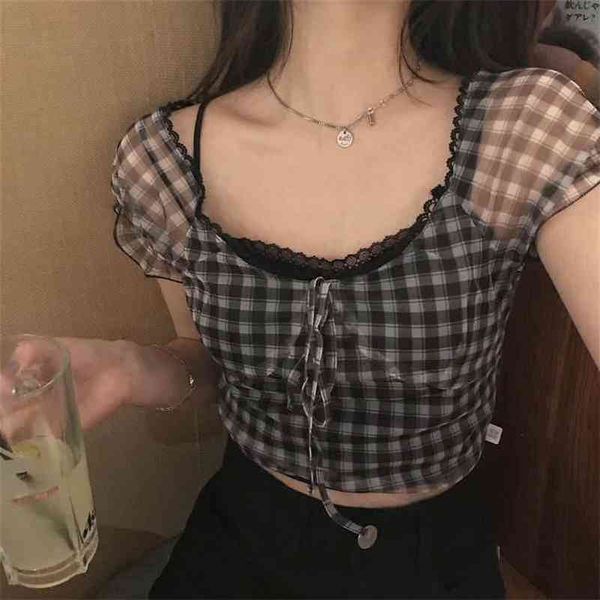 Chemisier à carreaux d'été Femmes Rétro Col Carré Chemise Casual Dentelle Mousseline De Mousseline De Soie Manches Courtes Tops Femme Corée Vêtements 210401