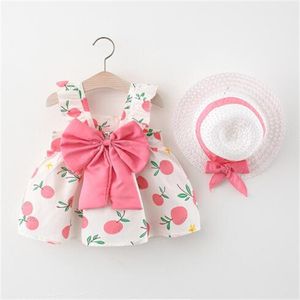 Robe princesse d'été à col licou pour bébé, ensemble en coton imprimé avec grand nœud, jupe et chapeau, nouvelle collection