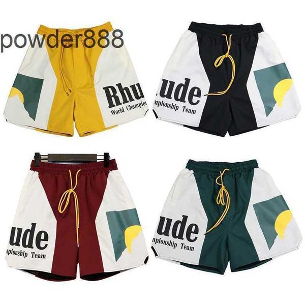 Novedad de verano, pantalones cortos deportivos con bloques de color estampados con alfabeto y puesta de sol cortos con panel Rhude