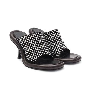 Novedad de verano, zapatillas de tacón alto ultradelgadas con punta abierta y punta redonda, zapatillas de moda con diamantes de imitación esmerilados para pies, talla grande 35-43