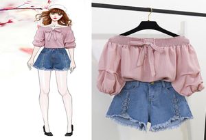 Zomer nieuwe schouder losse halve lantaarn mouw solide schattige blouse Jean shorts tweedelige outfit casual sets t2006223986746
