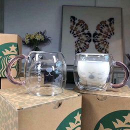 Zomer nieuwe Starbucks Taiwan Little Cat transparante glazen beker Roze handvat Dubbele glazen koffiemelk mok 250ml183M