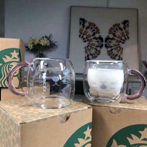 Zomer nieuwe Starbucks Taiwan Little Cat transparante glazen beker Roze handvat Dubbele glazen koffiemelk mok 250ml183M