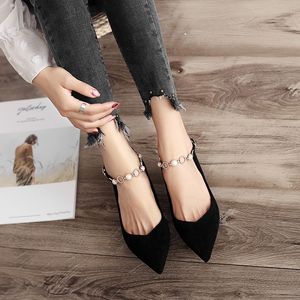 Zomer Nieuwe Stijl Easy-Matching Flock Single Shoes Dames Solid Puntige Toe Ondiepe Schoenen Crystal Pearl Buckle Band Single Shoes