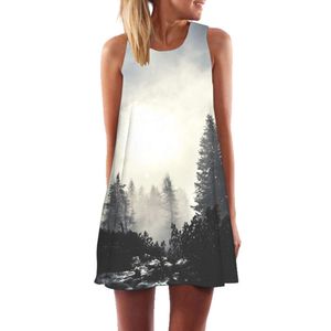 Été Nouvelle forêt blanche 3D Digital imprimé cou rond d'épaule de la robe de débardeur à mi-longueur pour les femmes