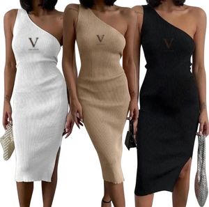 Zomer nieuwe vrouwen jurken luxe merk hoog elastisch sexy van de schouderbanden jurk casual designer jurkes geborduurd logo