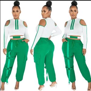 Zomer nieuwe Damesmode splicing hol set tweedelige set lange mouw t-shirt + broek strapless wit groen sexy oversized trainingspak set 3XL