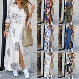 Retail Spring Maxi -jurken voor dames knoop omlaag lange shirt jurk ketting ketting print revers nek feestjurk casual lange mouw oversized