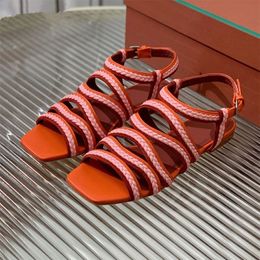 Été nouvelles sandales en cuir tissé talon plat Caasual chaussures de plage bout ouvert à bretelles Rome Sandalias chaussures de vacances femmes