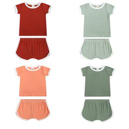 Été nouveau-né bébé garçons filles vêtements ensembles coton coton solide à manches courtes t-shirts à col o de shorts 2pcs