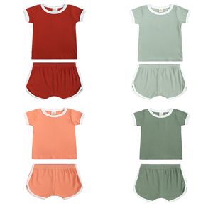 Été nouveau-né bébé garçons filles vêtements ensemble infantile coton solide à manches courtes col rond T-Shirt + Shorts 2 pièces tenue