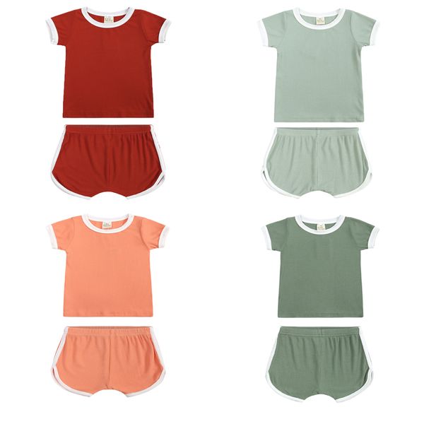 Conjunto de ropa de verano para bebés recién nacidos, niños y niñas, camiseta de manga corta sólida de algodón con cuello redondo y pantalones cortos, traje de 2 uds.