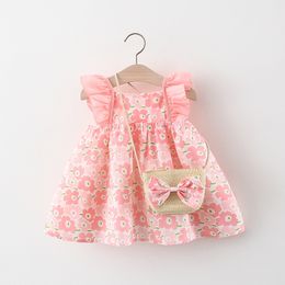 Zomer pasgeboren jurk mode print pop kraag schattige prinses strand bloemen jurken + tas kleine meisjeskleding