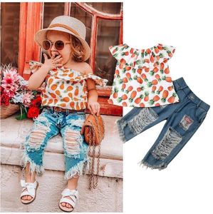 Été plus récent ensembles de vêtements de mode enfant en bas âge bébé fille vêtements hors épaule Fruits imprimer hauts à volants déchiré Jeans 2 pièces tenues