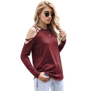 Été hors épaule T-shirt femmes vêtements col rond à manches longues mode décontracté ample surdimensionné dames hauts Sexy T-shirt Femme 210608