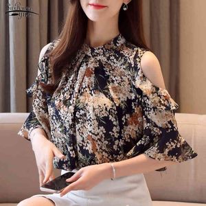 Blusa de gasa con hombros descubiertos de verano para mujer OL O cuello floral camisas de manga acampanada talla grande ropa de impresión 13747 210508