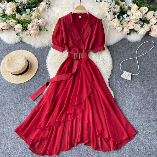 Oficina de verano damas rojo / negro / verde vestido irregular mujeres elegante cuello con muescas manga corta cintura alta gran swing vestidos nuevo y0603