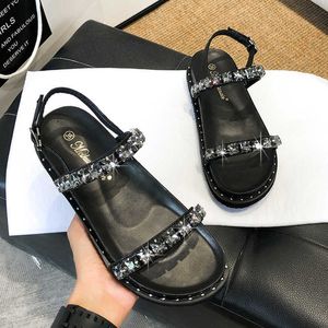 Zomer open teen dikke bodem eenrichtingsknop sandalen dames Koreaanse versie veelzijdige casual plat strand Romeinse sandalen 230209