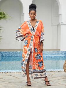 Summer Orange Boho Print Self Bedted Front ouvert long Kimono Dress Bage TUNIC FEMMES COPIRON COPIRE Q996