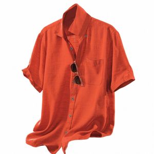 Zomer Oranje Shirt Mannen Cott Linnen Shirts Lente Korte Mouw Casual Slim Shirt Eenvoudige Effen Blouse Losse Knappe T-shirt N4ud #