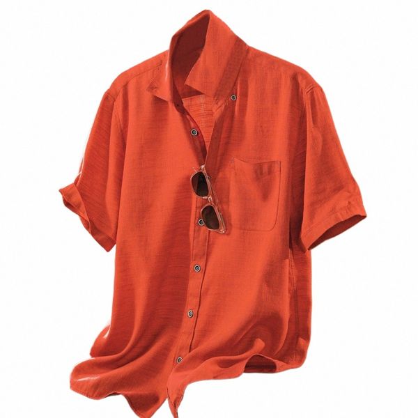 Été Orange Chemise Hommes Cott Lin Chemises Printemps Manches Courtes Casual Slim Chemise Simple Blouse Solide Lâche Beau T-shirt N4ud #