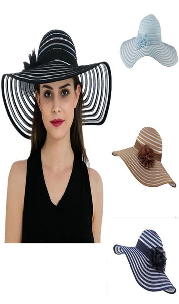 Sombreros de playa flexibles de Organza de verano para mujer, sombreros planos a rayas de ala ancha, gorra de playa para el sol con flores para mujer 3921668