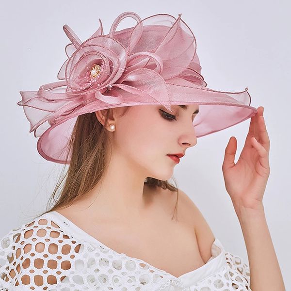 Chapeaux de protection solaire à large bord en Organza pour femmes, chapeau de soleil élégant à fleurs, église, fête de mariage, casquette de plage pliable, 240309