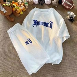 Summer Oversize Casual Fashion Tracks Cost lâches Jogging Waffle Suit Men ShortSleeve Tshirt Sports Shorts 2pcs Set Tenfit 240420