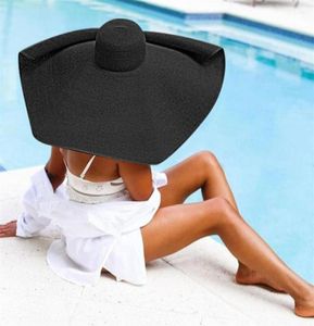 Summer de gran tamaño 70 cm Diámetro Sombreros de playa Borre ancho Sombrero de sol negro para mujeres Protección UV Gat de boda de paja plegable Gran