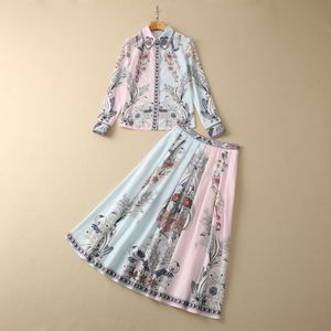 Zomer paisley print tweedelige jurken sets roze lange mouw revers nek kralen blouse hoge taille lange rok pakken set s3f130209