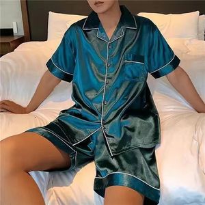 Zomerpyjama's voor man Big Size Silk Mens Pyjama Sets Shorts Satin Short Sleeve Sleepwear Home Pijama Night Wear Loungewear 240428