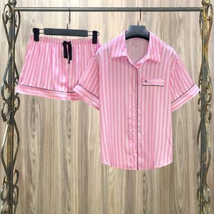 Pijamas de verano para mujeres Satin Silk Stripes Ropa de dormir Pijamas Short Pink Loungewear Pjamas Ladies Home Traje Homewear Mujer 220708