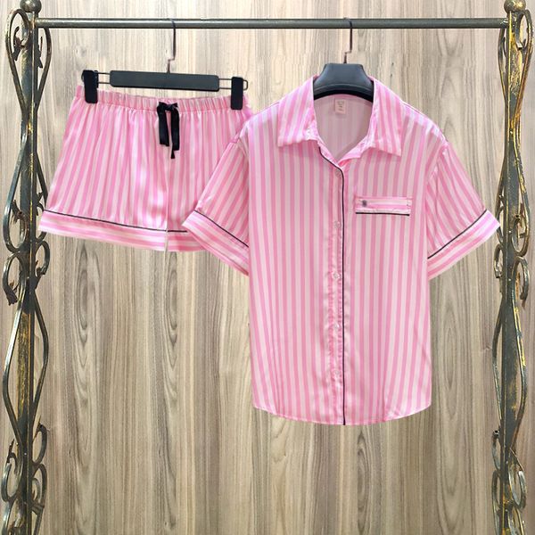 Pyjamas d'été pour femmes Satin Soie Rayures Vêtements de nuit Pyjamas Court Rose Loungewear Pjamas Dames Costume À La Maison Homewear Femme 220708