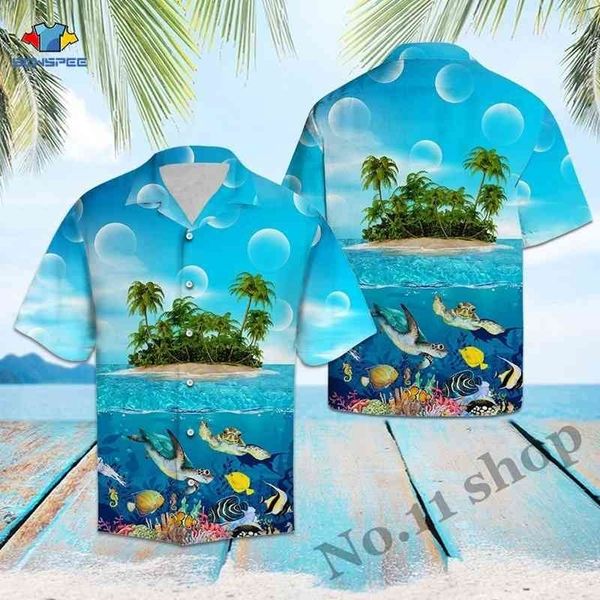 Summer Palm Tree Hommes Shirts 3D Imprimé à manches courtes Hawaiian Chemise mâle tortue de mer tortue slim ajustement plage drôle animal 210721