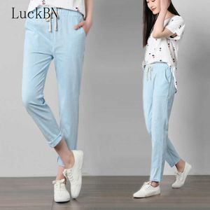 Zomer broek katoen linnen enkel lengte broek vrouwen casual broek potlood casual broek gestreepte groene roze vrouwen broek Q0801