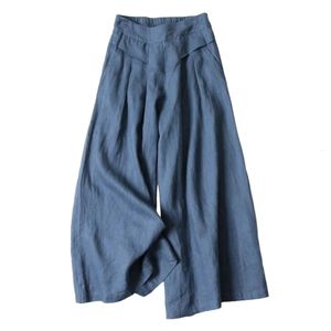 Pantalones de verano para mujeres lino de algodón gran tamaño pantalón ancho pantalones femme estilo elástico cintura sólida civil suelta pantalón 240420