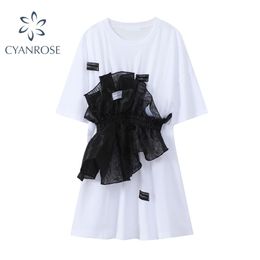 Robes de soirée d'été pour femmes à manches courtes maille Patchwork taille élastique mode t-shirt robe Vintage Mini robes femme 210515