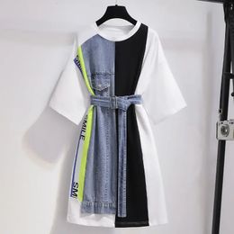 Vestido de camiseta de mosaico de verano Mujeres Corea ulzzang Cause Farty Sashes Streetwear Plus Tamaño falso M4XL 240516