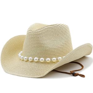 Chapeau de soleil d'été avec chaîne de perles pour femmes, tissé à la main, en paille de Cowboy occidental, à large bord, respirant, casquette de Jazz de plage