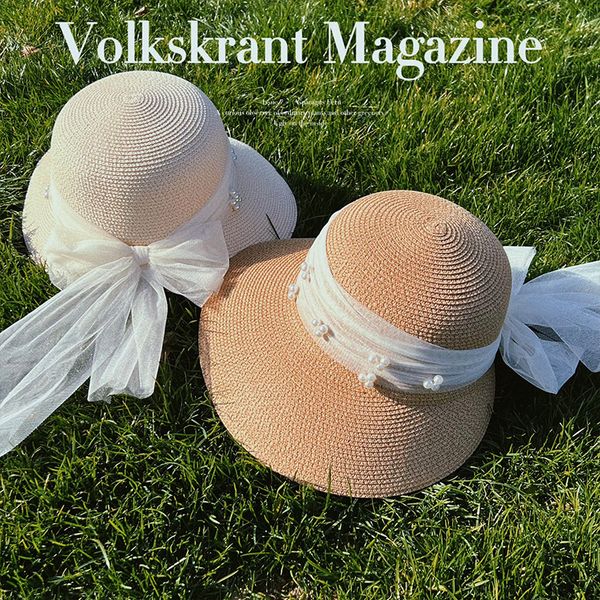 Sombreros de paja de encaje de perlas de verano, sombrero de playa con lazo para mujer, sombrilla, protector solar, sombreros para el sol, venta al por mayor