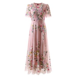 Zomer roze bloemen borduurwerk tule jurk korte mouw ronde nek paneelpaneel lange maxi casual jurken s3m160316 plus size xxl