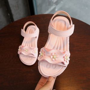 Summer Pink Flower Soft Sole Non Slip Pu Cuero Niñas para niños Niño Baby Princess SH Korean 2024 Fashion Fashion Toe Sandals Beach