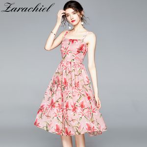 Zomer roze lelie bloemen print vrouwen strand mouwloze zoete spaghetti riem sexy vrouwelijke gedrapeerde jurk vestidos 210416