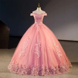 Zomer Roze Quinceanera Jurken Elegant Uit De Schouder Feestjurk Zoete Bloem Baljurk Klassieke Kant Galajurk 240109